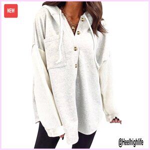 Oversized Button Hoodie Women's Loose Fit Polyester Cotton Pocket Casual